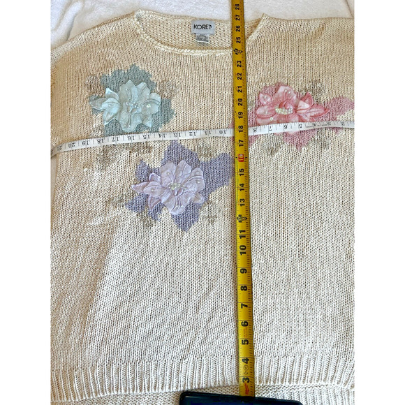 VTG 80s Koret Cream Floral Applique Iridescent Sequin Silk Blend Knit Sweater 2X - Picture 4 of 5